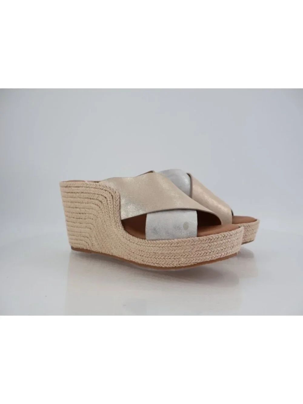 Gentle Souls Porto Slide Sandal Wedge Leather Silver Gold Leather Size 7.5